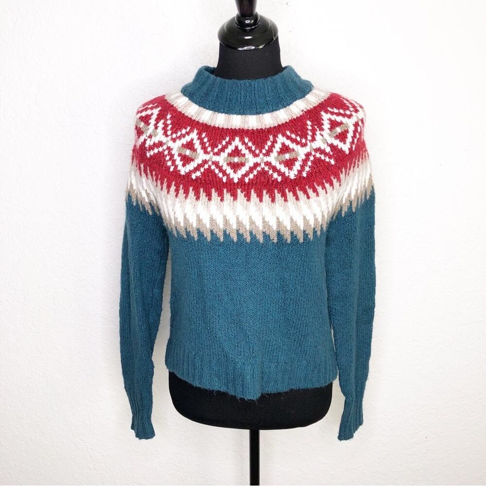 American Eagle teal green red white tan fair isle sweater size Extra Small XS